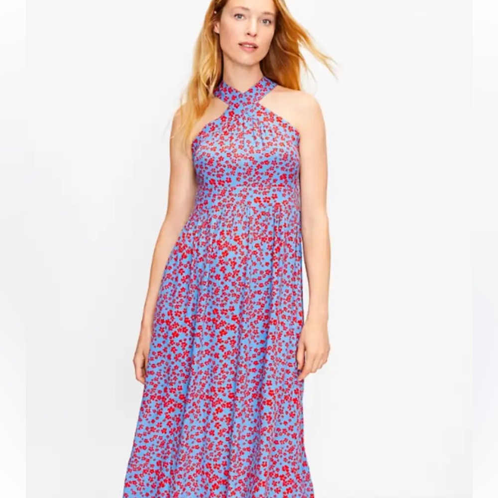 LOFT Red and Blue Floral Midi Dress